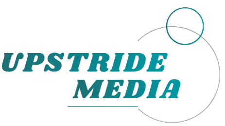 Logo of Upstride Media with teal text on a white background